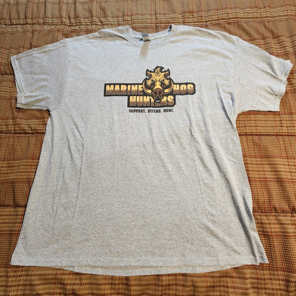 Marine Hog Hunters Graphic T-Shirt 2XL Men Grey Double Sided Gildan‎ Dry Blend
